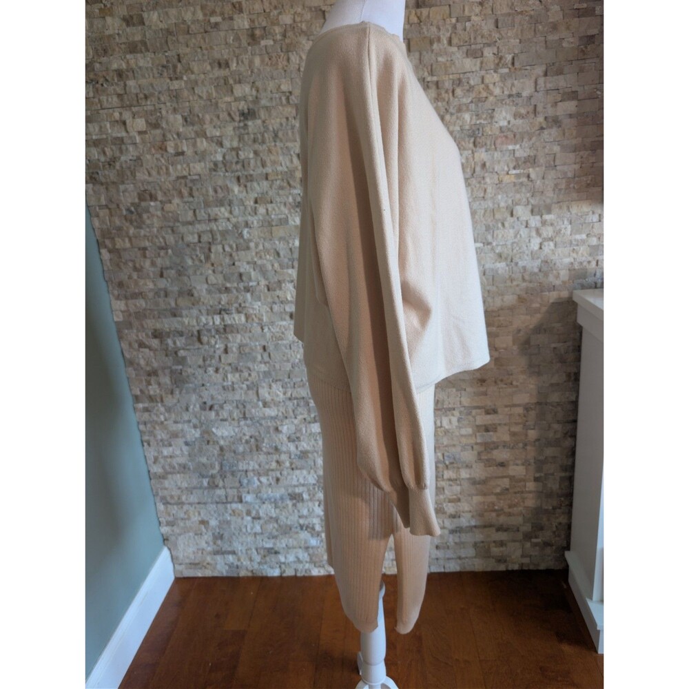Cream Sweater Skirt Set Knit Two Piece Puff Sleeve Ribbed Midi Quiet Luxury - Picture 2 of 11